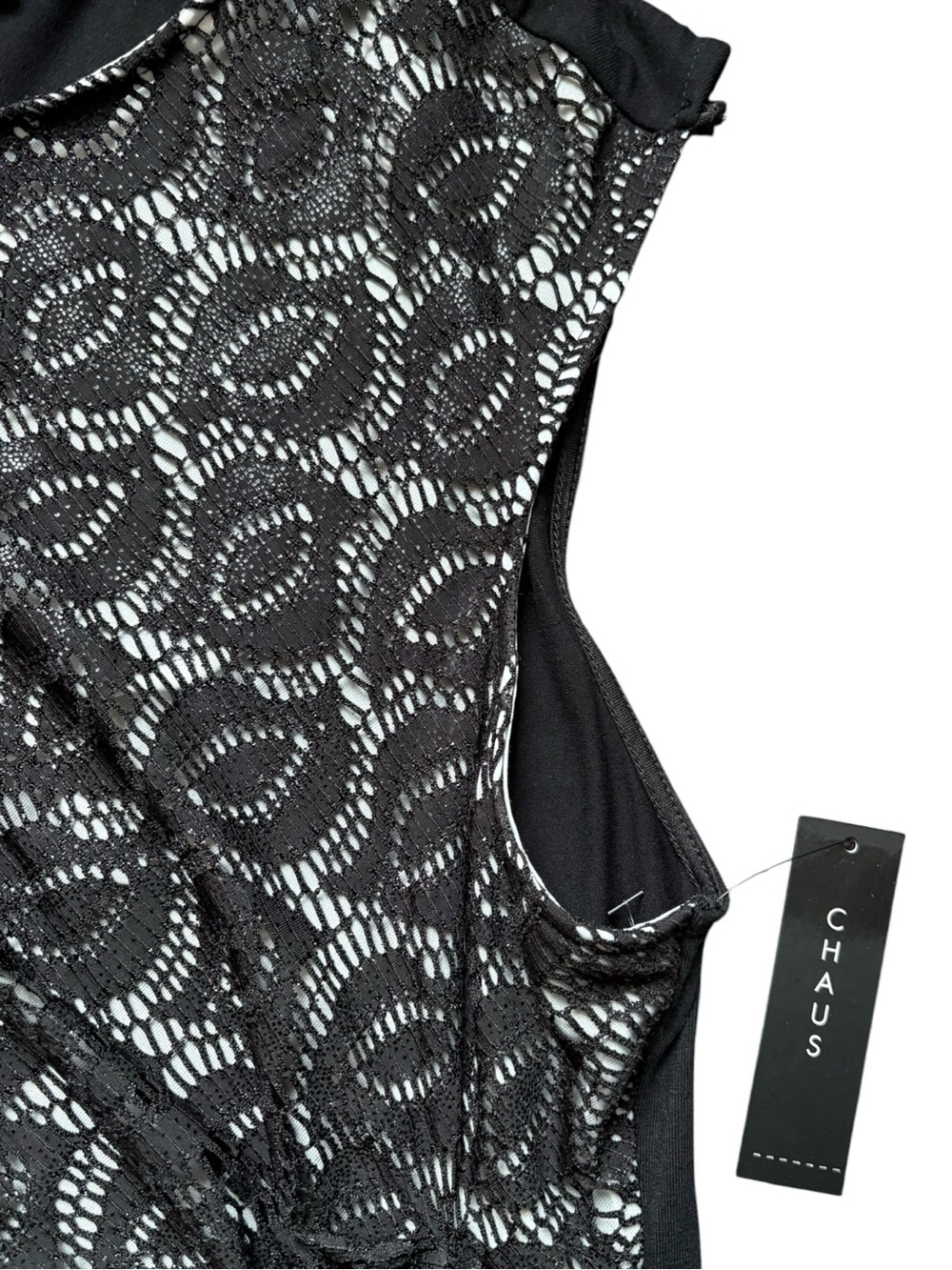 Chaus Black Metallic Lace Ruched Sheath Cocktail Dress Sleeveless Midi Size L - Picture 4 of 8